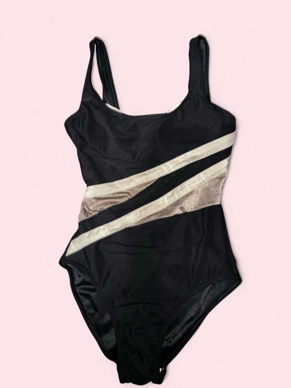 Size 8 Black One-Piece Swimsuit with Metallic Diagonal Stripes
